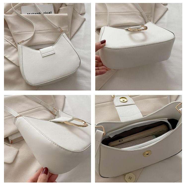 Faux Leather Plain Buckled Shoulder Bag