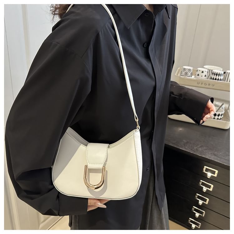 Faux Leather Plain Buckled Shoulder Bag