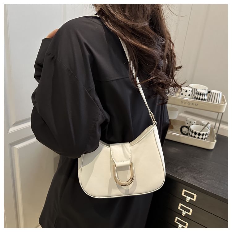 Faux Leather Plain Buckled Shoulder Bag