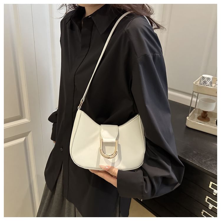 Faux Leather Plain Buckled Shoulder Bag