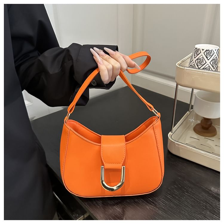 Faux Leather Plain Buckled Shoulder Bag