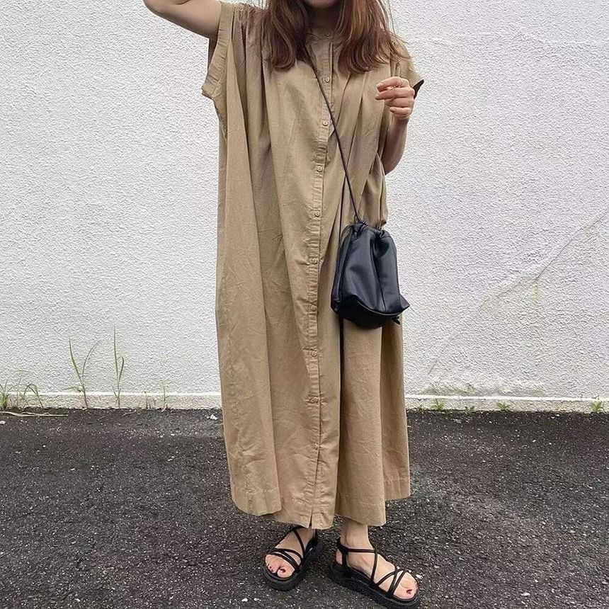 Cap Sleeve Band Collar Plain Maxi Shirt Dress