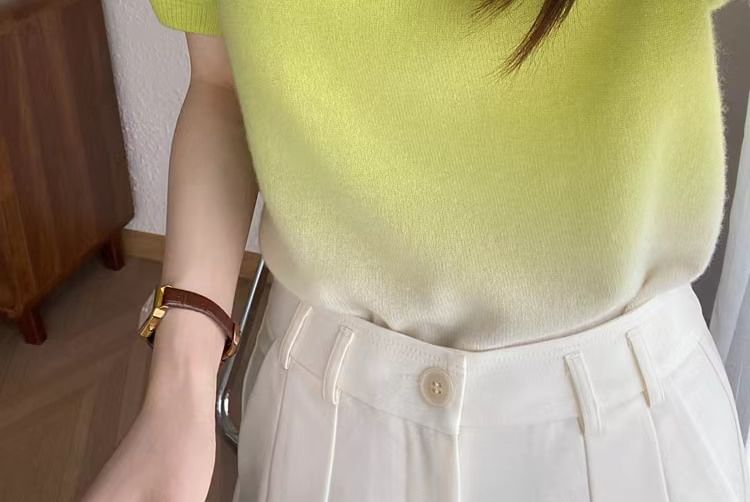 Gradient Neck Top Knit Short-Sleeve Crew