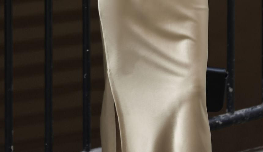 Midi High Satin Slit Skirt Pencil Plain Rise