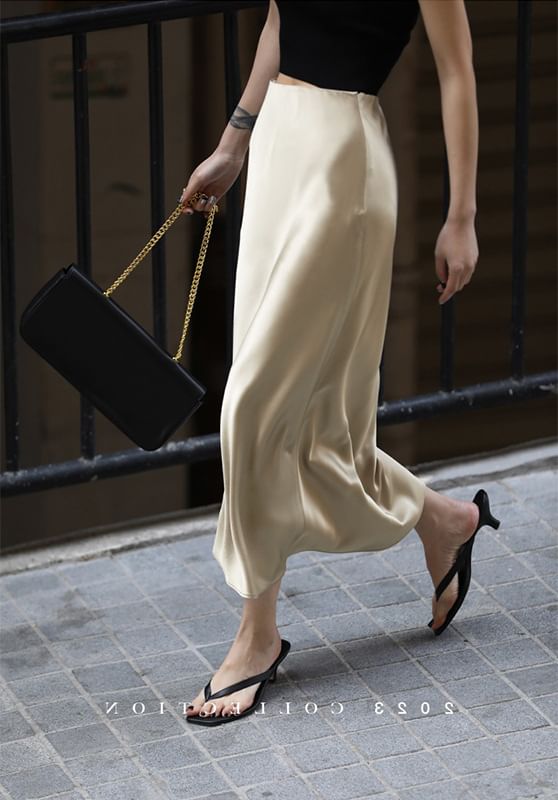 Plain Pencil Satin Slit Skirt High Midi Rise