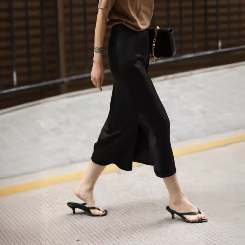 Plain Pencil Satin Slit Skirt High Midi Rise