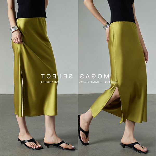 Plain Pencil Satin Slit Skirt High Midi Rise