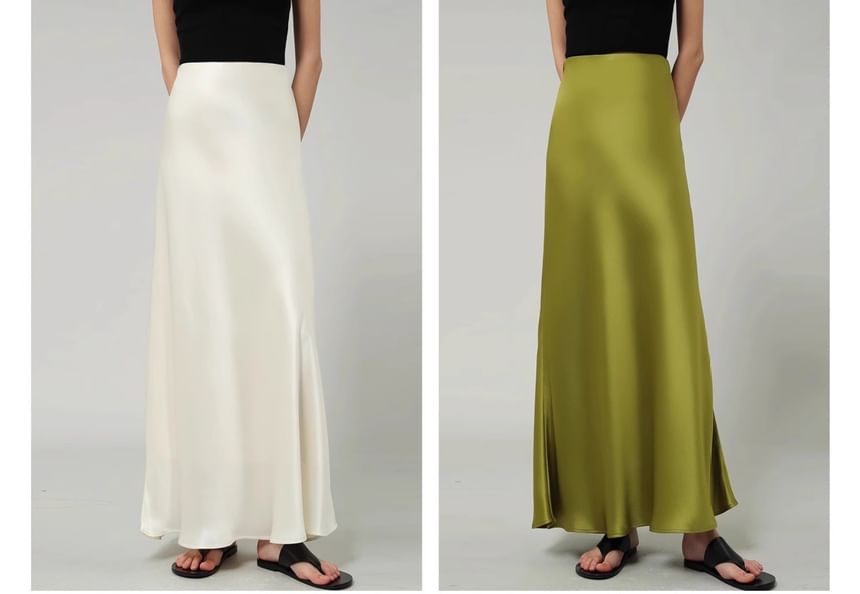 Satin Waist Plain Maxi High Skirt A-Line
