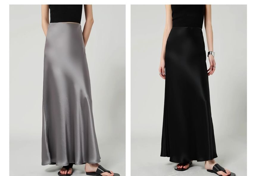 Satin Waist Plain Maxi High Skirt A-Line