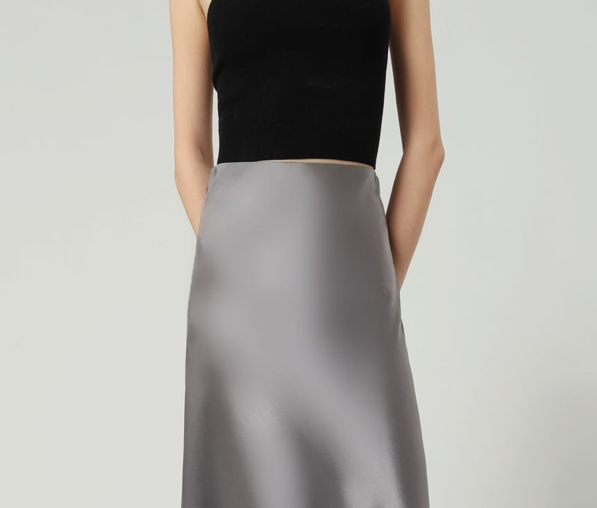 A-Line Plain Maxi Satin High Waist Skirt