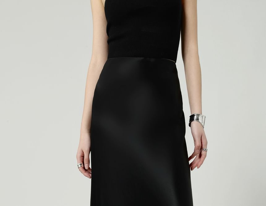 Satin Waist Plain Maxi High Skirt A-Line