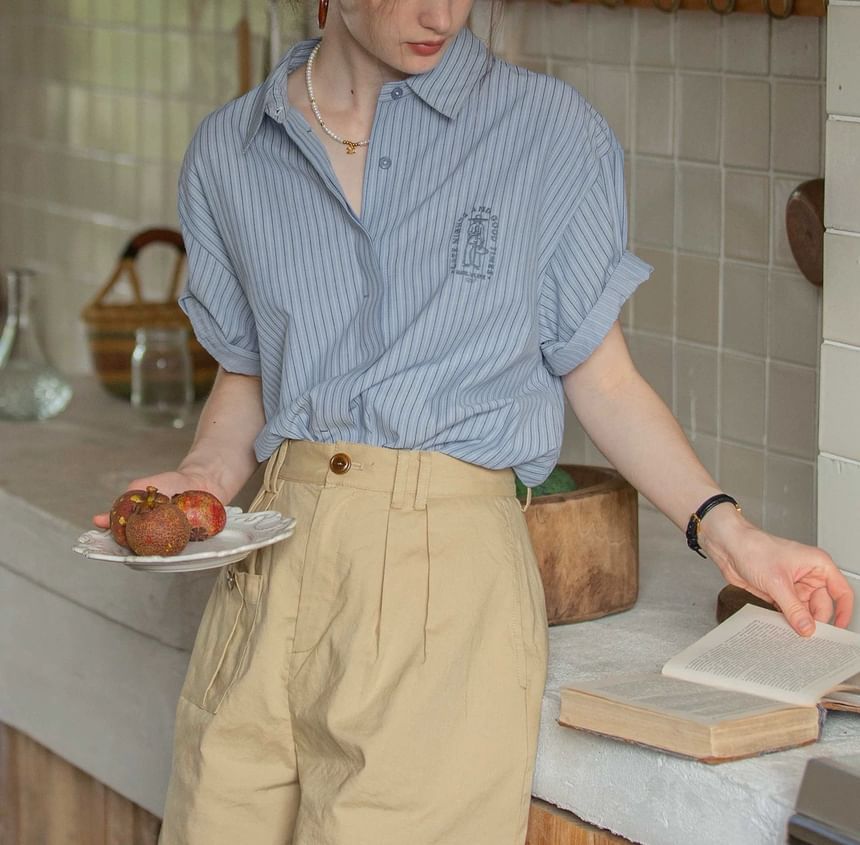 Embroidered Collared Elbow-Sleeve Striped Blouse Button-Up