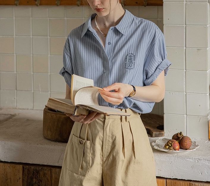 Embroidered Collared Elbow-Sleeve Striped Blouse Button-Up