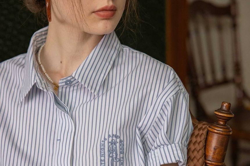 Embroidered Collared Elbow-Sleeve Striped Blouse Button-Up