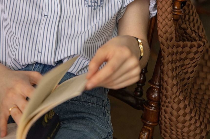 Embroidered Collared Elbow-Sleeve Striped Blouse Button-Up