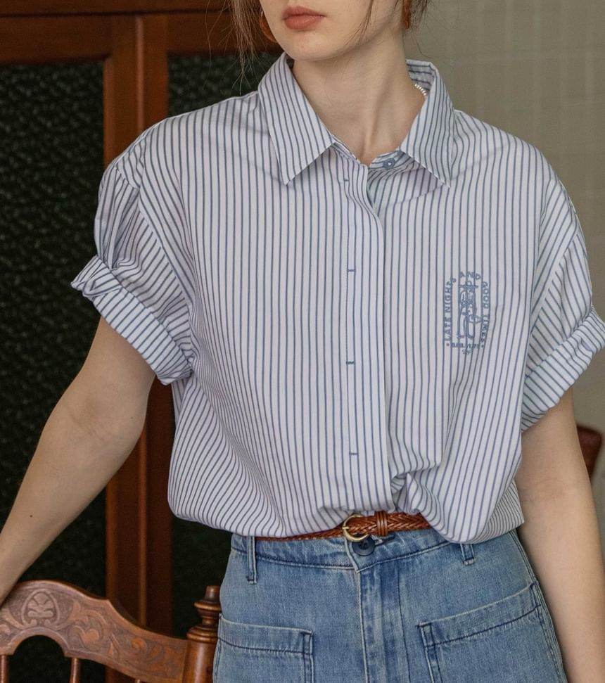Embroidered Collared Elbow-Sleeve Striped Blouse Button-Up