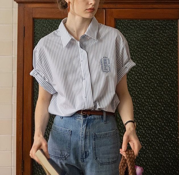 Embroidered Collared Elbow-Sleeve Striped Blouse Button-Up