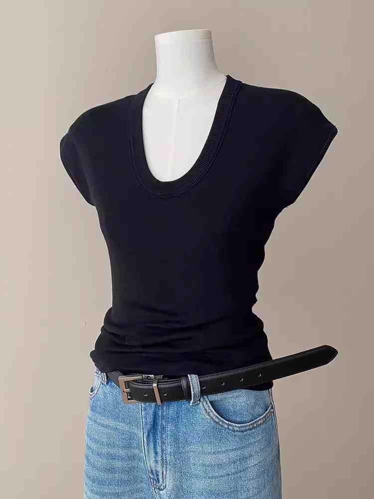Fit Top Neck Cap-Sleeve Knit Slim Plain Scoop