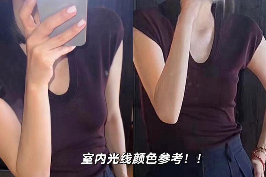 Fit Top Neck Cap-Sleeve Knit Slim Plain Scoop