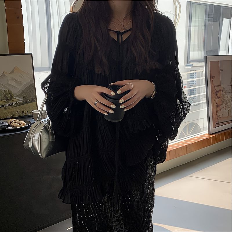 V-Neck Cami Skirt Long-Sleeve High Blouse Front H-Line Set Midi Sheer Top Plain / Rise Sequin Tie