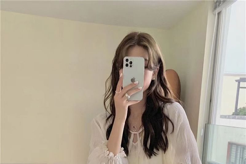 V-Neck Cami Skirt Long-Sleeve High Blouse Front H-Line Set Midi Sheer Top Plain / Rise Sequin Tie