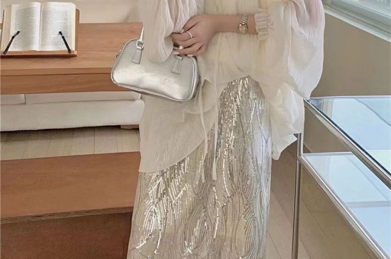 V-Neck Cami Skirt Long-Sleeve High Blouse Front H-Line Set Midi Sheer Top Plain / Rise Sequin Tie