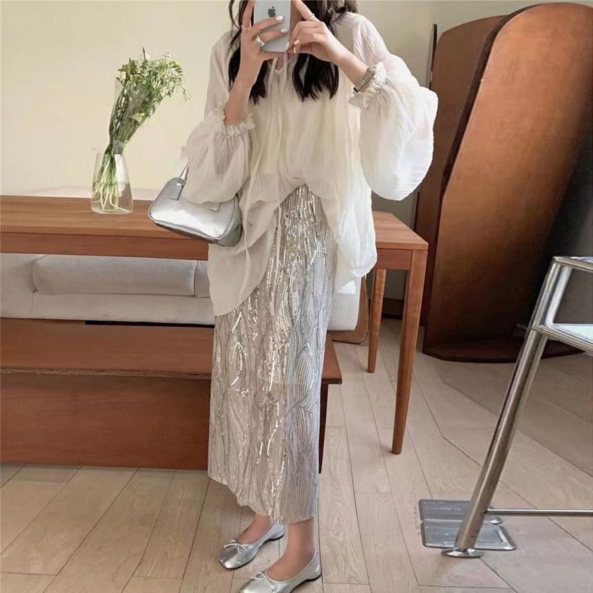 V-Neck Cami Skirt Long-Sleeve High Blouse Front H-Line Set Midi Sheer Top Plain / Rise Sequin Tie