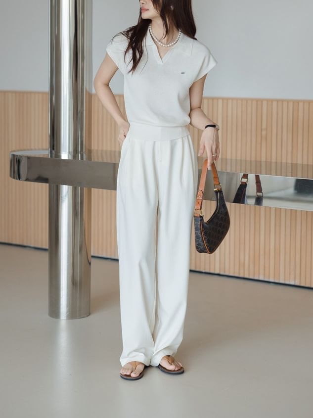 V-Neck Cap-Sleeve Plain Collared Crop Top Knit