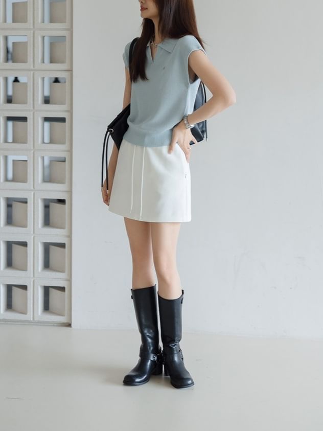 V-Neck Cap-Sleeve Plain Collared Crop Top Knit