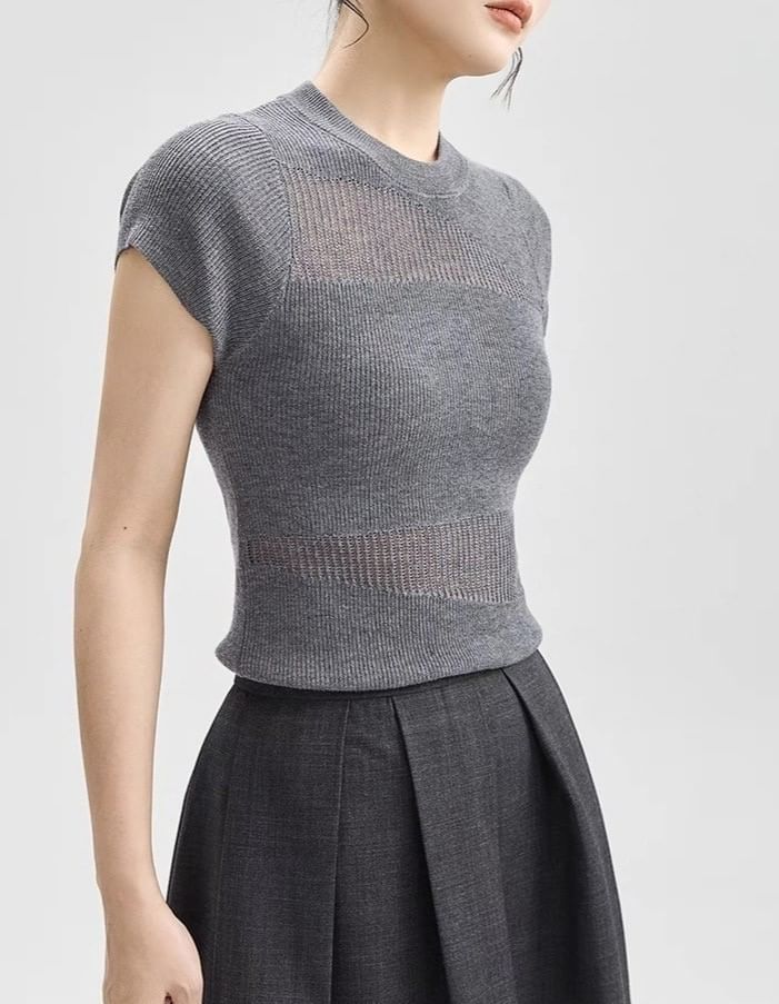 Top Cap-Sleeve Sheer Knit Round Panel Neck Plain
