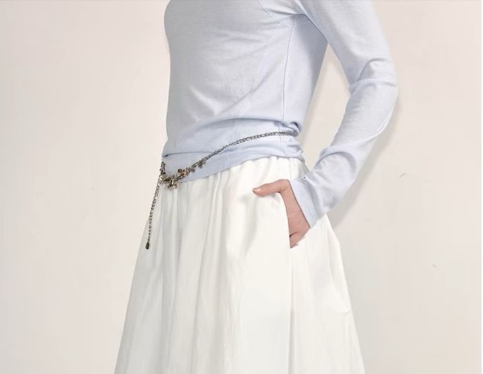 Plain Waist Midi Paperbag Elastic Skirt