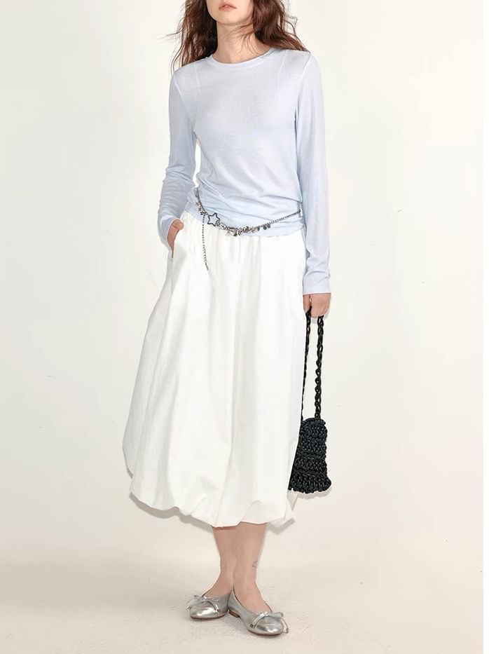 Plain Waist Midi Paperbag Elastic Skirt