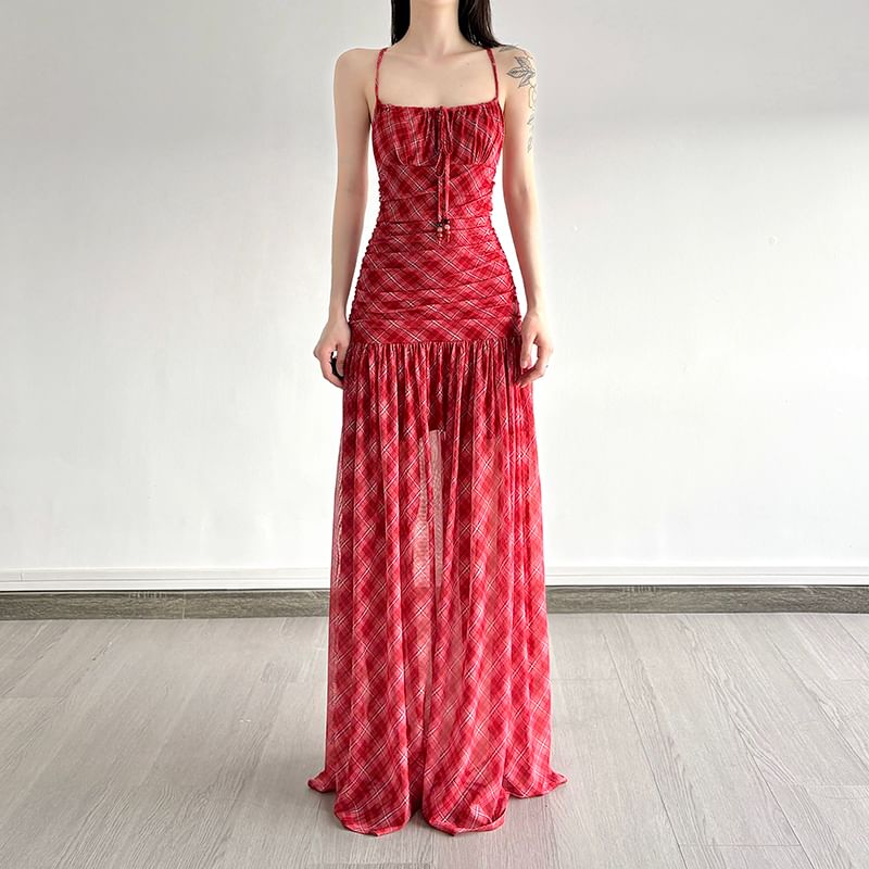 Ruched Mesh Spaghetti Strap Plaid A-Line Maxi Dress