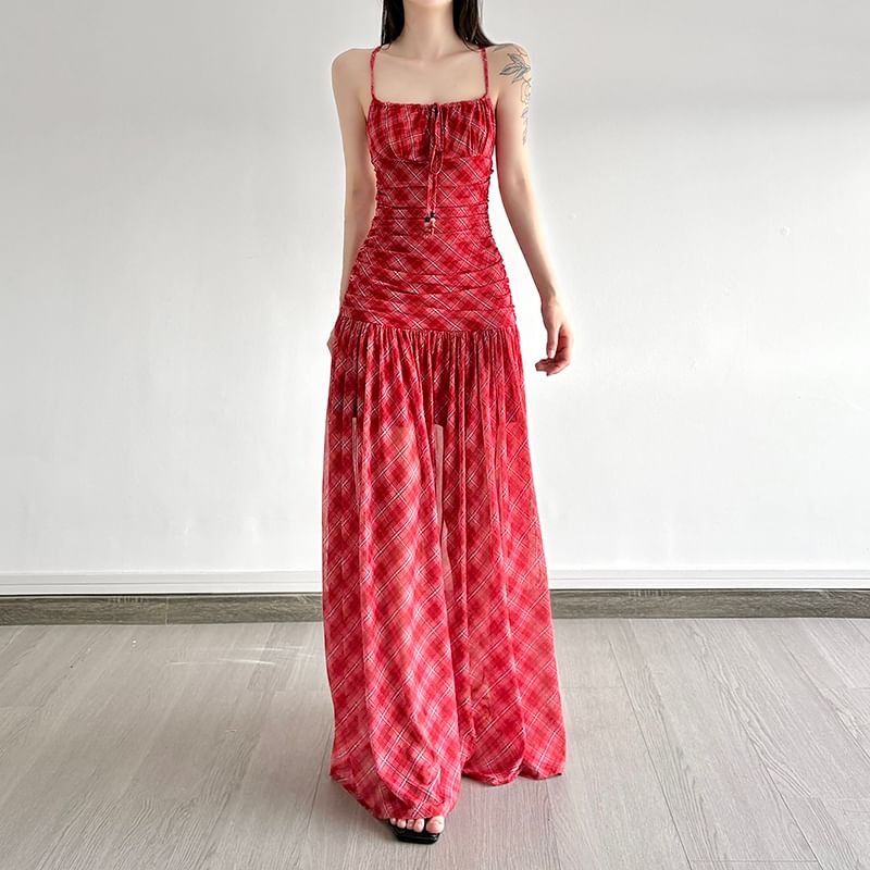 Ruched Mesh Spaghetti Strap Plaid A-Line Maxi Dress