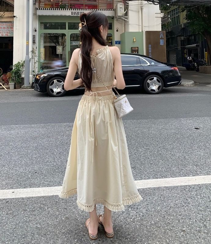 Ruched Sleeveless Round Neck Maxi A-Line Dress