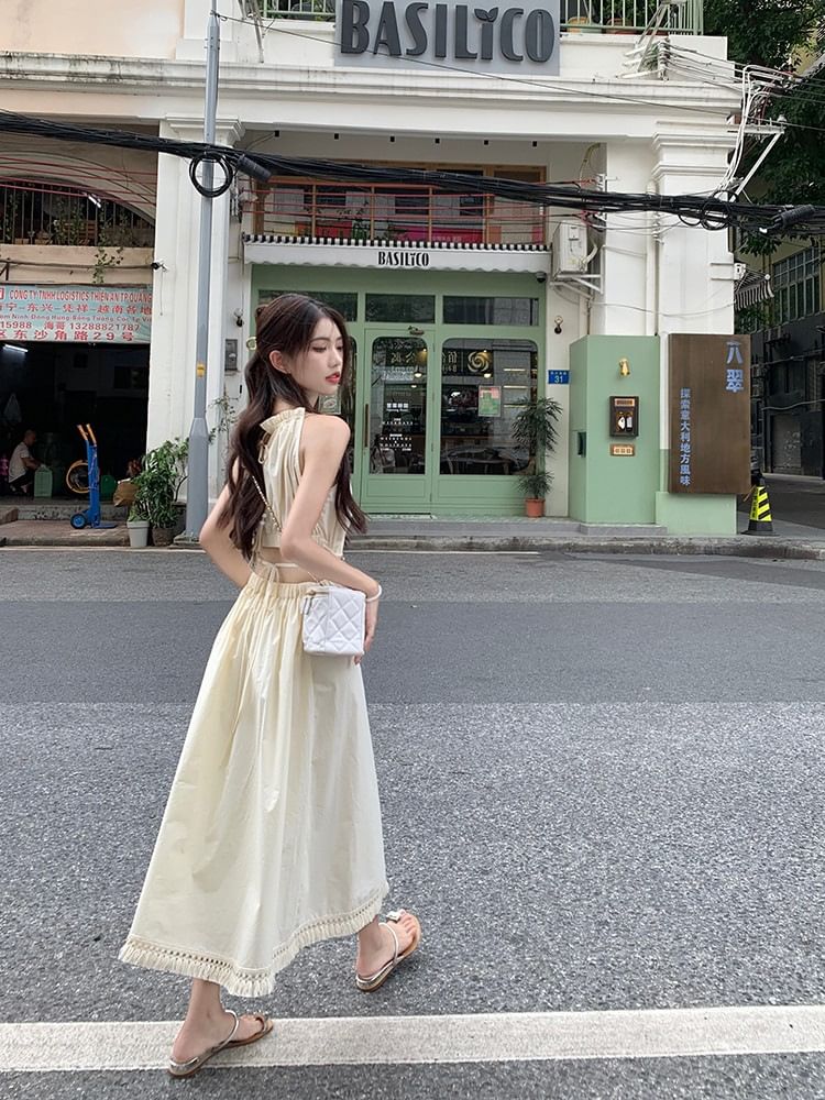 Ruched Sleeveless Round Neck Maxi A-Line Dress