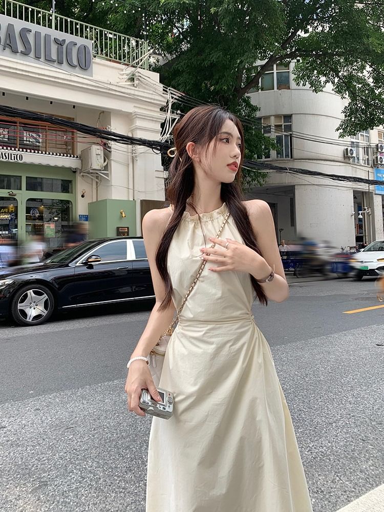 Ruched Sleeveless Round Neck Maxi A-Line Dress