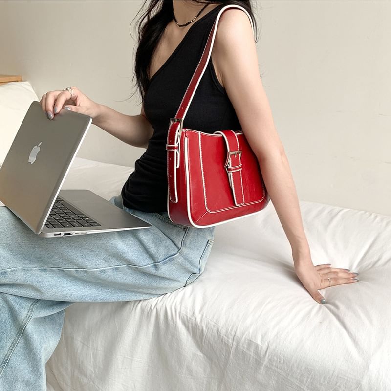 Faux Leather Buckled Shoulder Bag