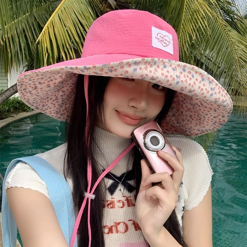 Heart Hat Applique Floral Print Sun