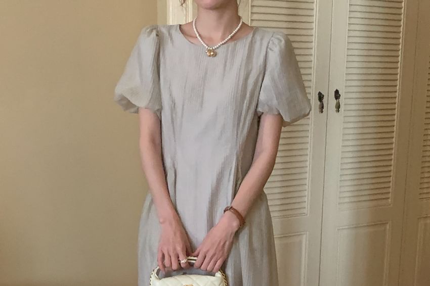 Ribbed Puff Short-Sleeve Round Neck Maxi A-Line Dress