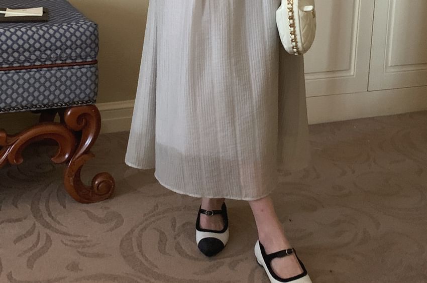 Ribbed Puff Short-Sleeve Round Neck Maxi A-Line Dress