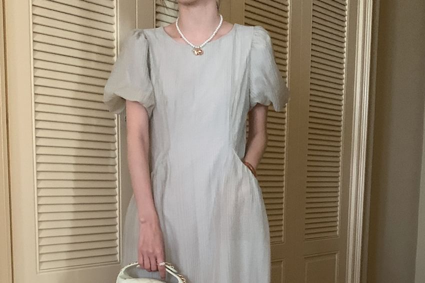 Ribbed Puff Short-Sleeve Round Neck Maxi A-Line Dress