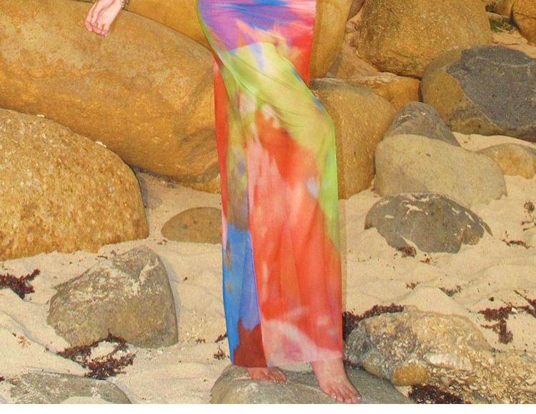 Sweetheart Neckline Tie Dye Lace Trim Ruched Mesh Bodycon Maxi Dress