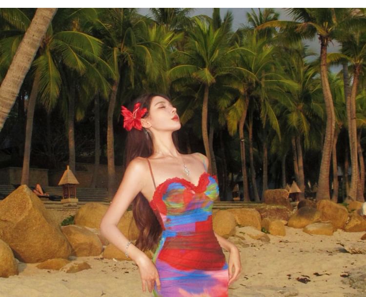 Sweetheart Neckline Tie Dye Lace Trim Ruched Mesh Bodycon Maxi Dress
