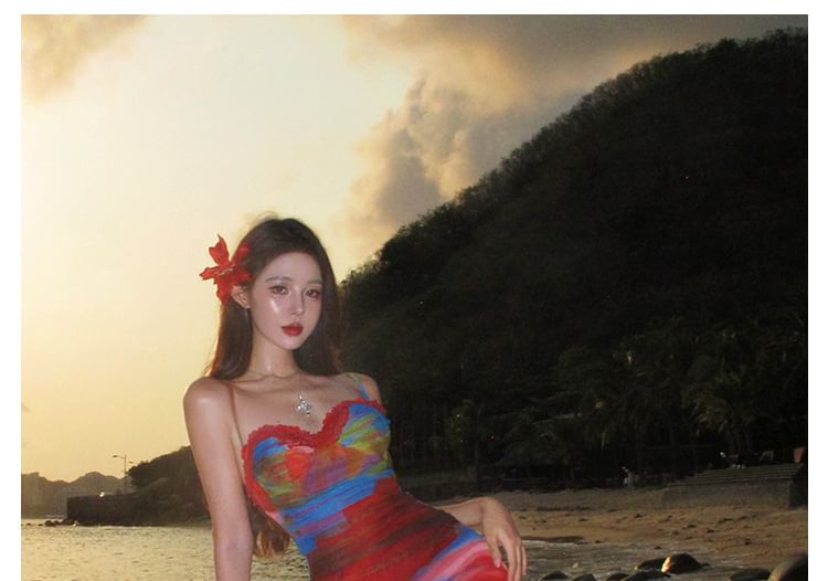 Sweetheart Neckline Tie Dye Lace Trim Ruched Mesh Bodycon Maxi Dress