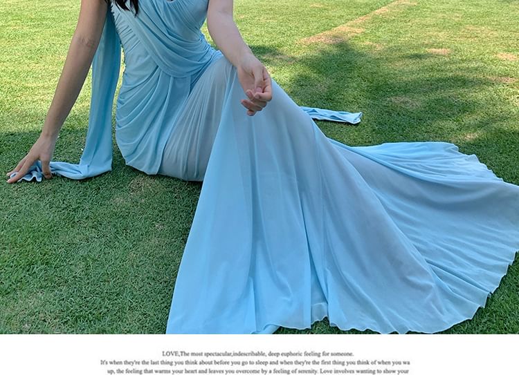 Strapless Sweetheart Ruched Mesh Mermaid Maxi Dress with Scarf Set