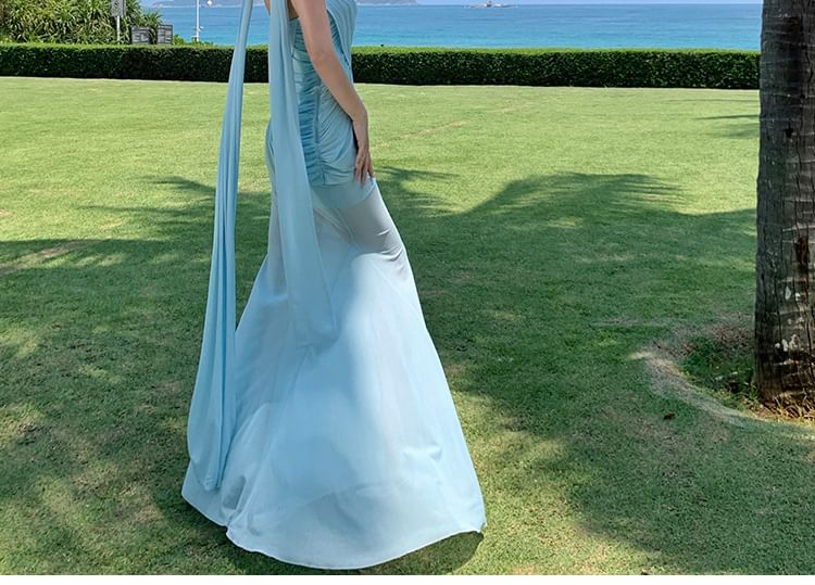 Strapless Sweetheart Ruched Mesh Mermaid Maxi Dress with Scarf Set