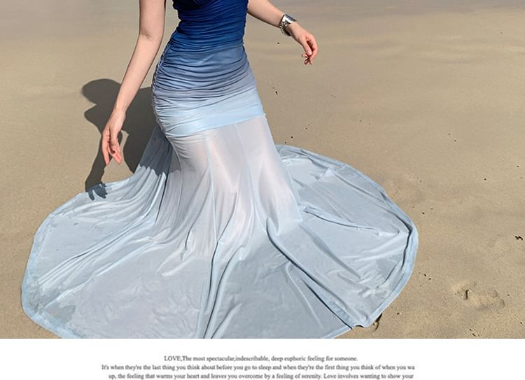 Strapless Sweetheart Gradient Ruched Mesh Mermaid Maxi Dress