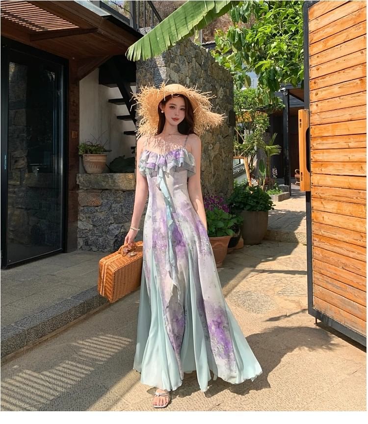 V-Neck Tie Dye Ruffle Trim Spaghetti Strap A-Line Maxi Dress
