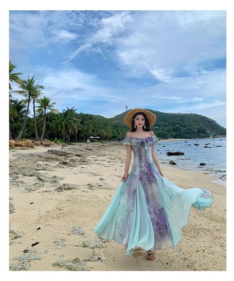 V-Neck Tie Dye Ruffle Trim Spaghetti Strap A-Line Maxi Dress